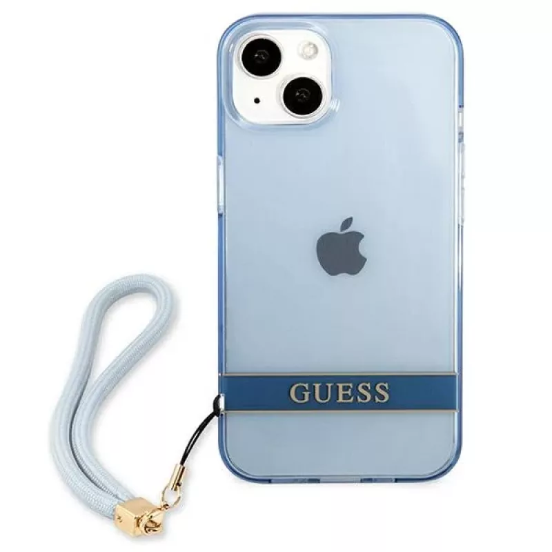 Guess GUHCP13SHTSGSB iPhone 13 mini 5,4 inch blauwe transparante hardcase met draagriem