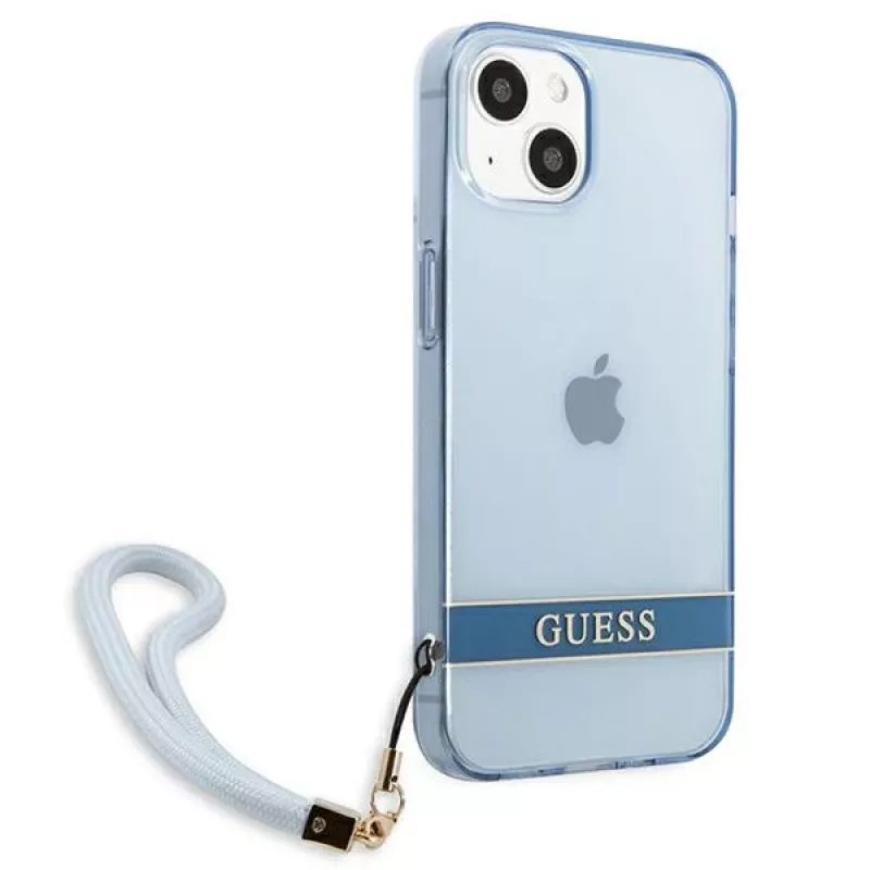 Guess GUHCP13SHTSGSB iPhone 13 mini 5,4 inch blauwe transparante hardcase met draagriem