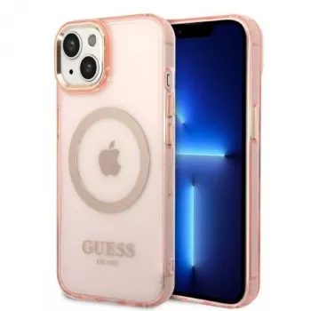 Guess Gold Outline Translucent MagSafe hardcase voor iPhone 13/14/15 6,1 inch roze