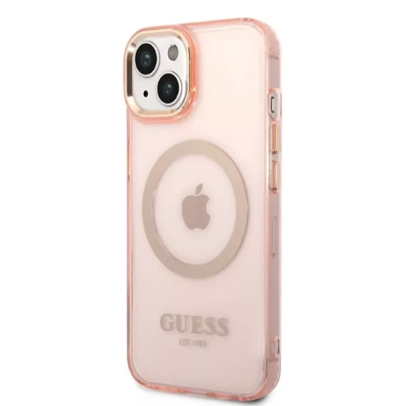 Guess Gold Outline Translucent MagSafe hardcase voor iPhone 13/14/15 6,1 inch roze