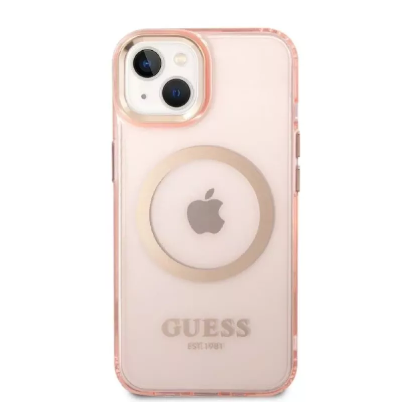 Guess Gold Outline Translucent MagSafe hardcase voor iPhone 13/14/15 6,1 inch roze