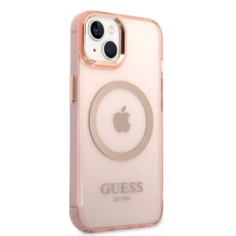 Guess Gold Outline Translucent MagSafe hardcase voor iPhone 13/14/15 6,1 inch roze