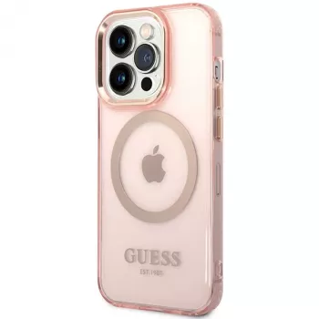 Guess Gold Outline Translucent MagSafe case voor iPhone 14 Pro Max 6,7 inch roze hardcase