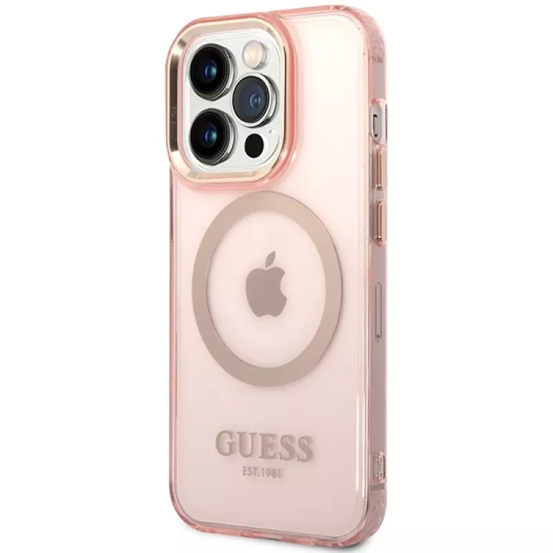 Guess Gold Outline Translucent MagSafe case voor iPhone 14 Pro Max 6,7 inch roze hardcase