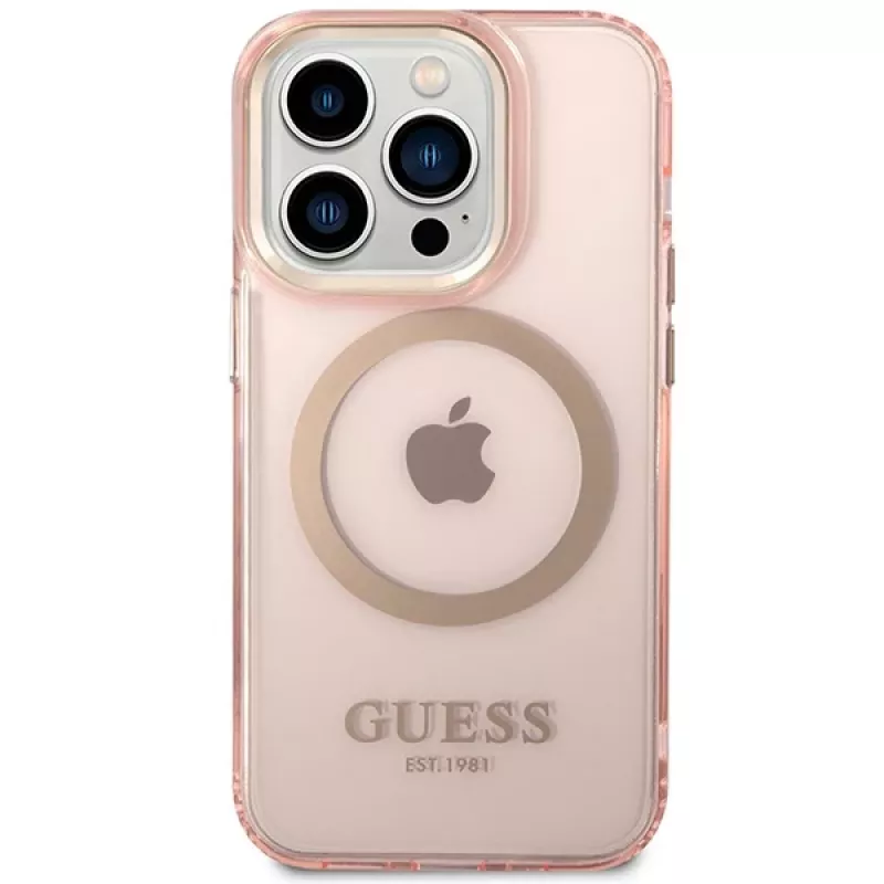 Guess Gold Outline Translucent MagSafe case voor iPhone 14 Pro Max 6,7 inch roze hardcase