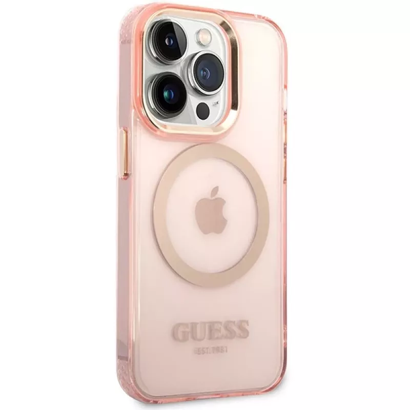 Guess Gold Outline Translucent MagSafe case voor iPhone 14 Pro Max 6,7 inch roze hardcase