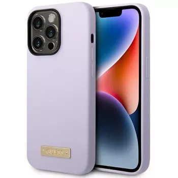 Guess GUHMP14LSBPLU silicone hardcase met logo-plaat voor Apple iPhone 14 Pro 6,1 inch - lila, MagSafe-compatibel