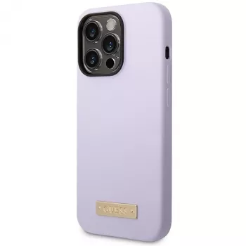 Guess GUHMP14LSBPLU silicone hardcase met logo-plaat voor Apple iPhone 14 Pro 6,1 inch - lila, MagSafe-compatibel
