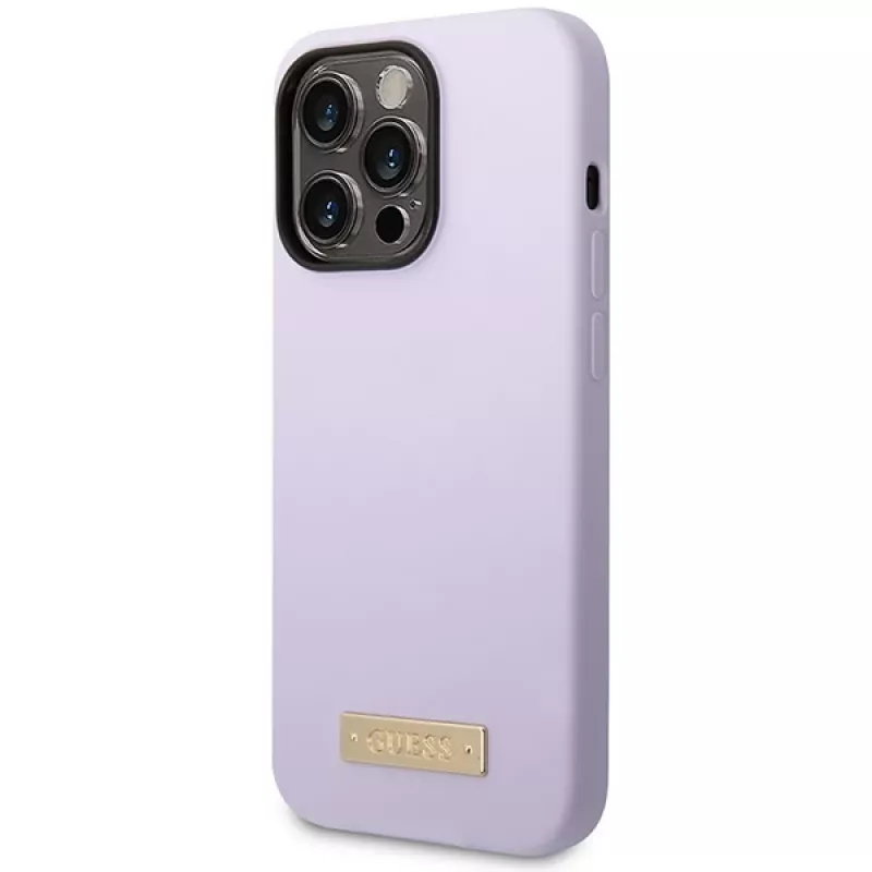 Guess GUHMP14LSBPLU silicone hardcase met logo-plaat voor Apple iPhone 14 Pro 6,1 inch - lila, MagSafe-compatibel