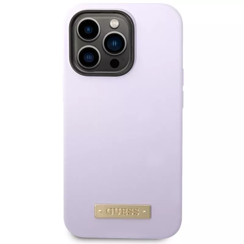 Guess GUHMP14LSBPLU silicone hardcase met logo-plaat voor Apple iPhone 14 Pro 6,1 inch - lila, MagSafe-compatibel