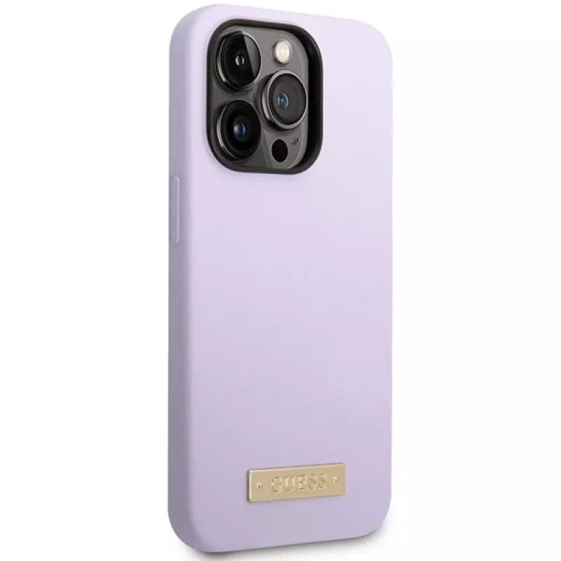 Guess GUHMP14LSBPLU silicone hardcase met logo-plaat voor Apple iPhone 14 Pro 6,1 inch - lila, MagSafe-compatibel