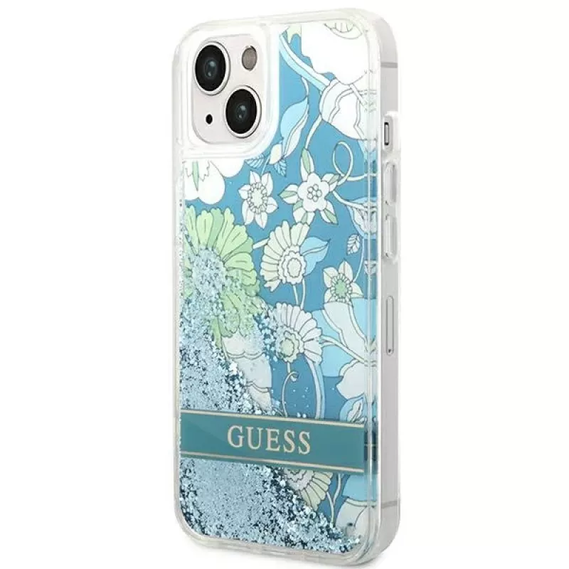 Guess GUHCP14SLFLSN Flower Liquid Glitter Hard Case voor Apple iPhone 13 / 14 / 15 6,1 inch - groen