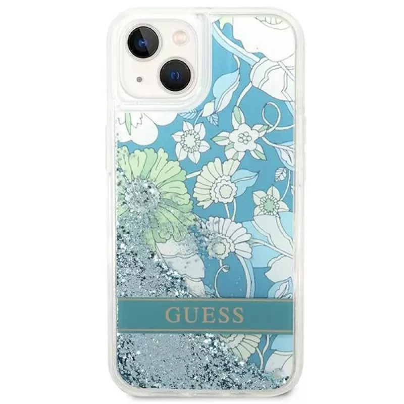 Guess GUHCP14SLFLSN Flower Liquid Glitter Hard Case voor Apple iPhone 13 / 14 / 15 6,1 inch - groen