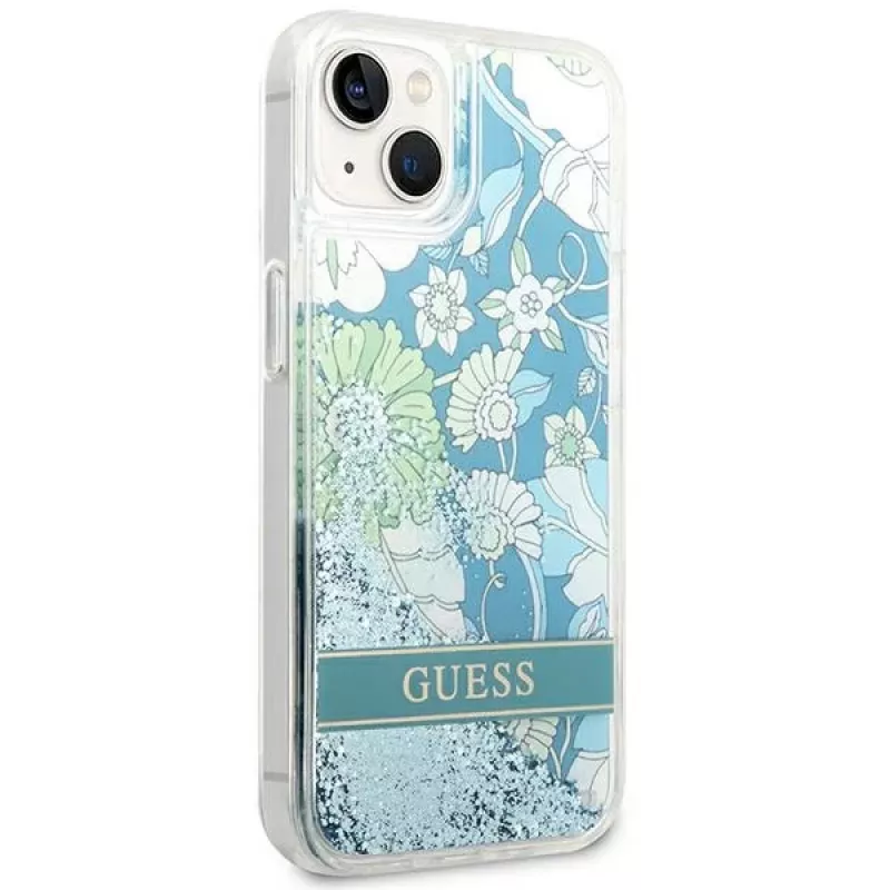 Guess GUHCP14SLFLSN Flower Liquid Glitter Hard Case voor Apple iPhone 13 / 14 / 15 6,1 inch - groen