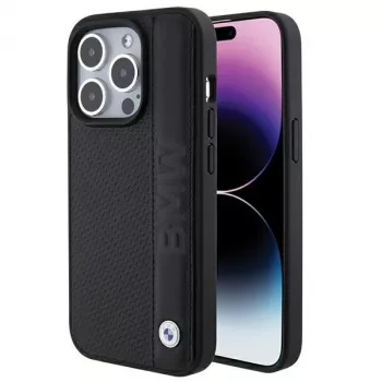 BMW BMHCP15L22RDPK iPhone 15 Pro 6,1 inch Hardcase leder textuur & strepen zwart