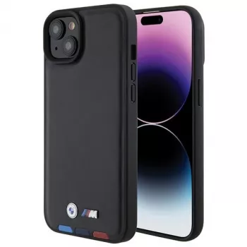 BMW M Collection Leather Stamp Back Cover voor iPhone 15 Plus / 14 Plus 6,7 inch - zwart tricolor