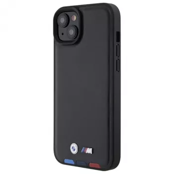 BMW M Collection Leather Stamp Back Cover voor iPhone 15 Plus / 14 Plus 6,7 inch - zwart tricolor