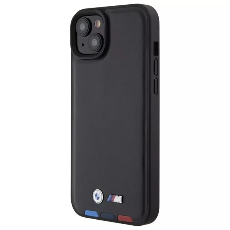 BMW M Collection Leather Stamp Back Cover voor iPhone 15 Plus / 14 Plus 6,7 inch - zwart tricolor