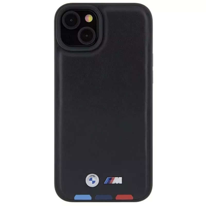BMW M Collection Leather Stamp Back Cover voor iPhone 15 Plus / 14 Plus 6,7 inch - zwart tricolor