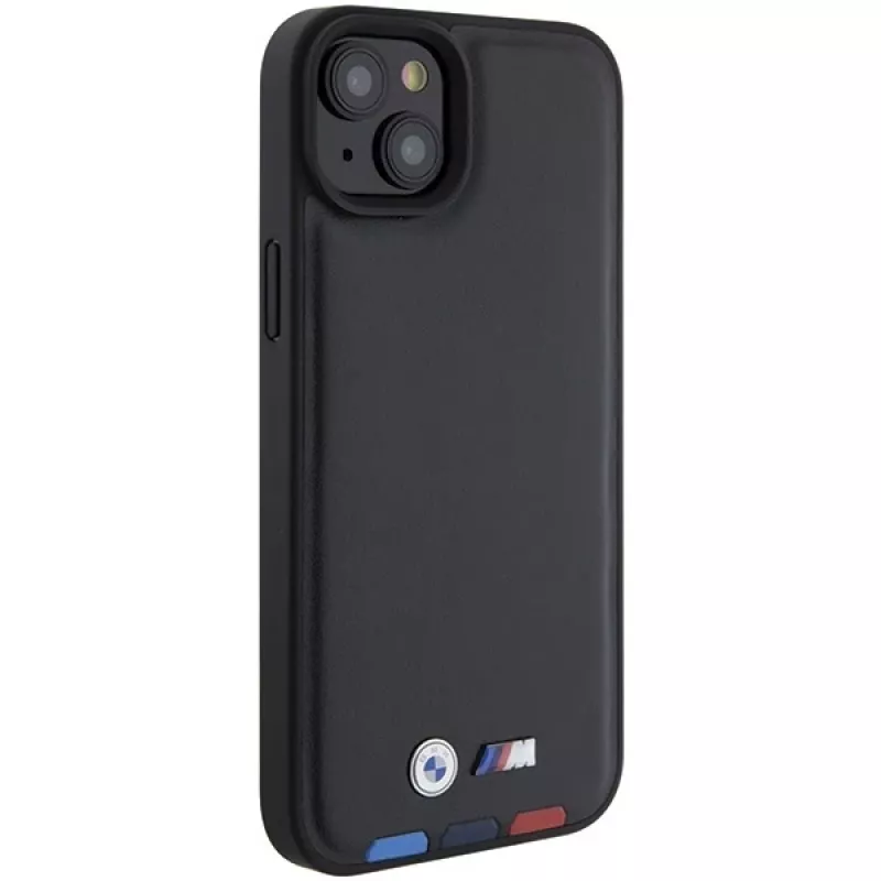 BMW M Collection Leather Stamp Back Cover voor iPhone 15 Plus / 14 Plus 6,7 inch - zwart tricolor