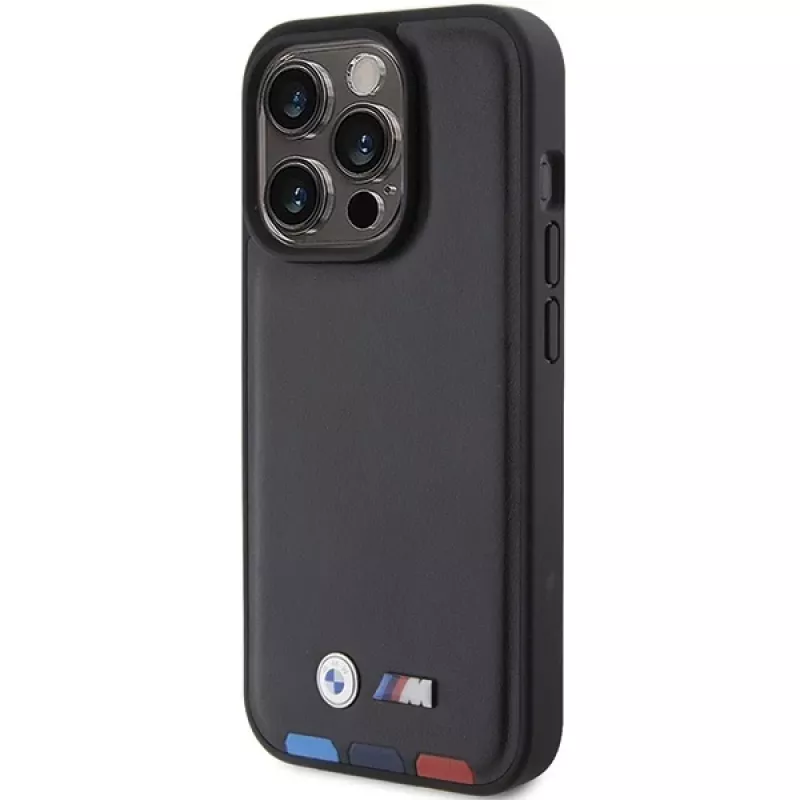 BMW Leather Stamp Tricolor Case voor iPhone 15 Pro 6,1 inch zwart