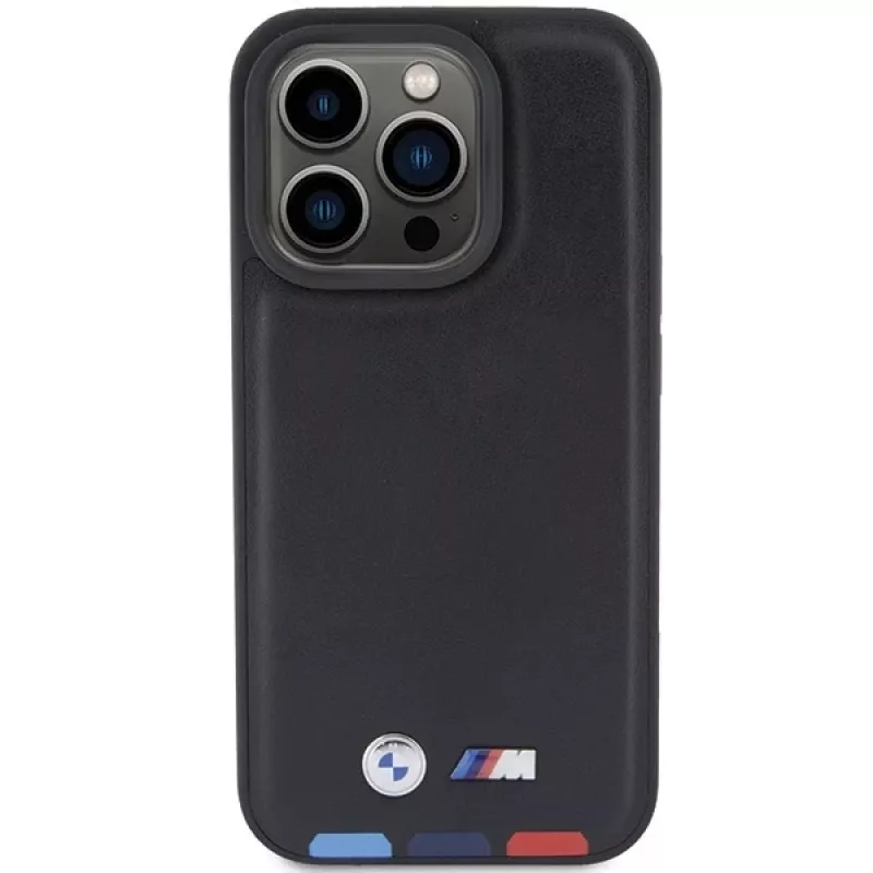 BMW Leather Stamp Tricolor Case voor iPhone 15 Pro 6,1 inch zwart