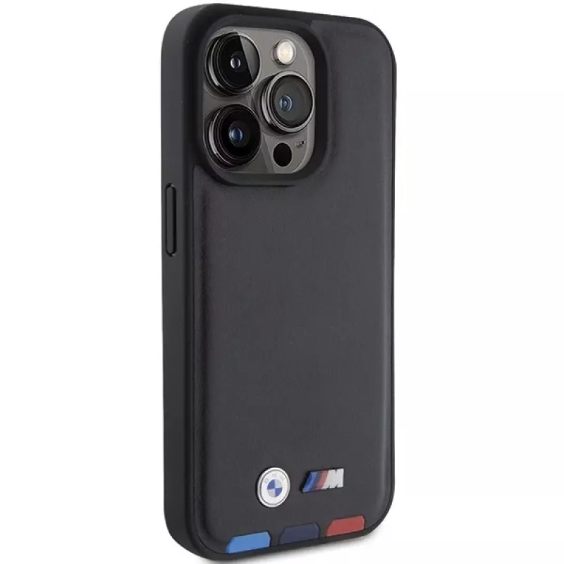 BMW Leather Stamp Tricolor Case voor iPhone 15 Pro 6,1 inch zwart