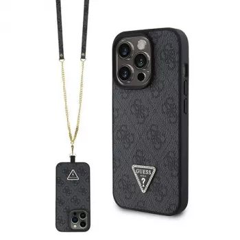 GUESS PU 4G Strass Triangle Metal Case + strap voor iPhone 15 Pro zwart