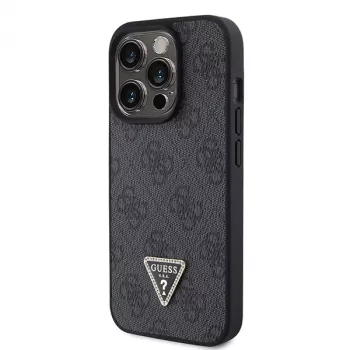 GUESS PU 4G Strass Triangle Metal Case + strap voor iPhone 15 Pro zwart