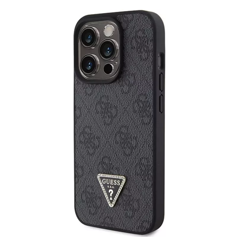 GUESS PU 4G Strass Triangle Metal Case + strap voor iPhone 15 Pro zwart