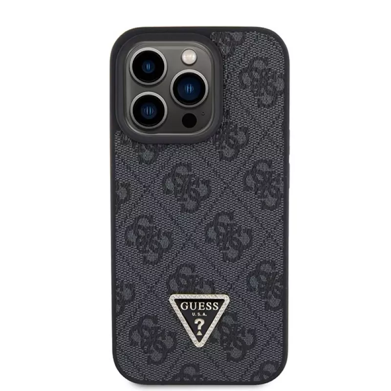 GUESS PU 4G Strass Triangle Metal Case + strap voor iPhone 15 Pro zwart
