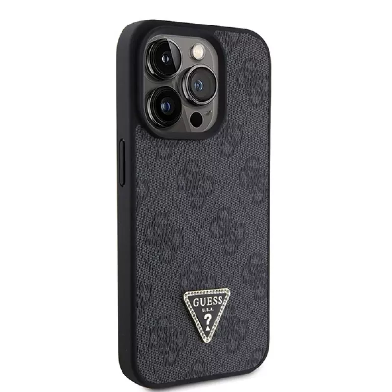 GUESS PU 4G Strass Triangle Metal Case + strap voor iPhone 15 Pro zwart