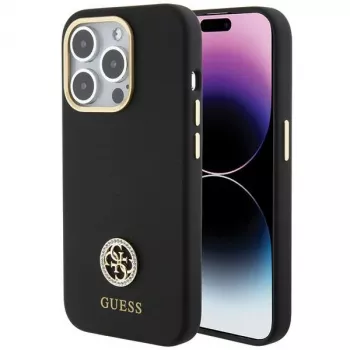 Guess GUHCP15XM4DGPK Hardcase Silicone Logo Strass 4G Back Cover voor Apple iPhone 15 Pro Max 6,7 inch zwart