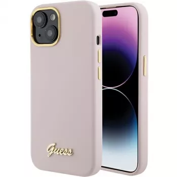 Guess GUHCP15SSMBSLP Silicone Script Metal Logo & Frame Hard Case voor Apple iPhone 15 / 14 / 13 6,1 inch - roze