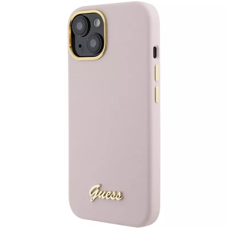 Guess GUHCP15SSMBSLP Silicone Script Metal Logo & Frame Hard Case voor Apple iPhone 15 / 14 / 13 6,1 inch - roze