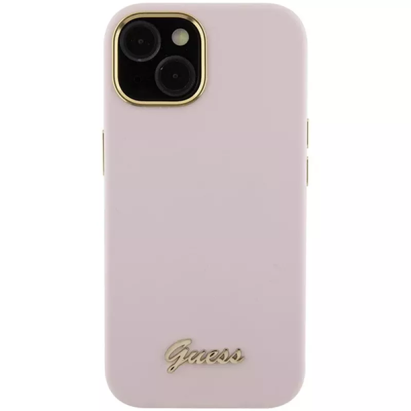 Guess GUHCP15SSMBSLP Silicone Script Metal Logo & Frame Hard Case voor Apple iPhone 15 / 14 / 13 6,1 inch - roze