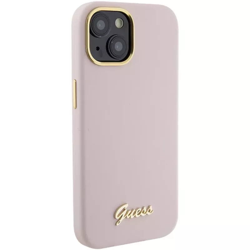 Guess GUHCP15SSMBSLP Silicone Script Metal Logo & Frame Hard Case voor Apple iPhone 15 / 14 / 13 6,1 inch - roze