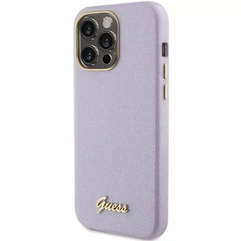 Guess GUHCP15LPGMCSL Glitter Glossy Script Hard Case voor iPhone 15 Pro 6,1 inch lila