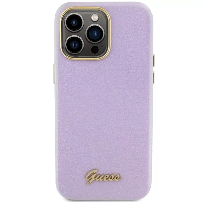 Guess GUHCP15LPGMCSL Glitter Glossy Script Hard Case voor iPhone 15 Pro 6,1 inch lila