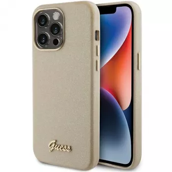 Guess Glitter Glossy Script Hard Case voor iPhone 15 Pro 6,1 inch Light Gold