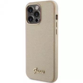 Guess Glitter Glossy Script Hard Case voor iPhone 15 Pro 6,1 inch Light Gold