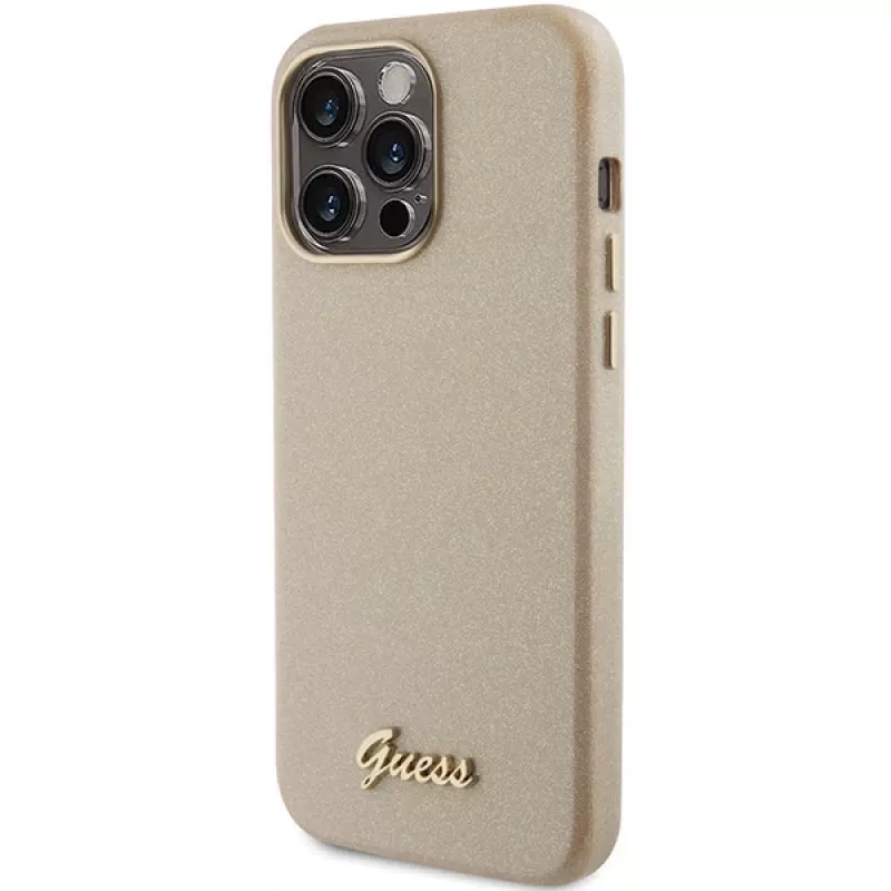 Guess Glitter Glossy Script Hard Case voor iPhone 15 Pro 6,1 inch Light Gold