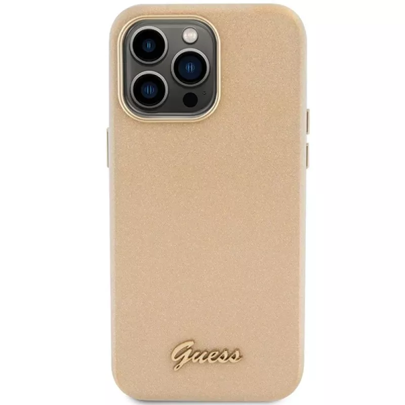 Guess GUHCP15XPGMCSD Glitter Glossy Script Hard Case voor Apple iPhone 15 Pro Max 6,7 inch Light Gold
