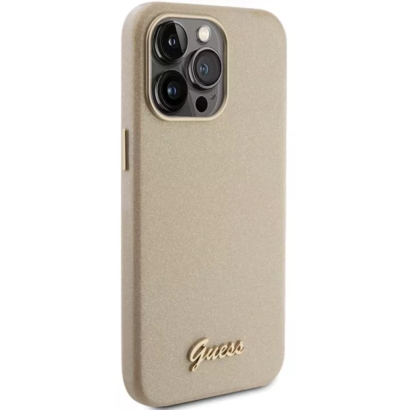 Guess GUHCP15XPGMCSD Glitter Glossy Script Hard Case voor Apple iPhone 15 Pro Max 6,7 inch Light Gold