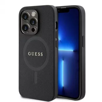 GUESS Saffiano PU MagSafe-hoesje voor iPhone 15 Pro zwart