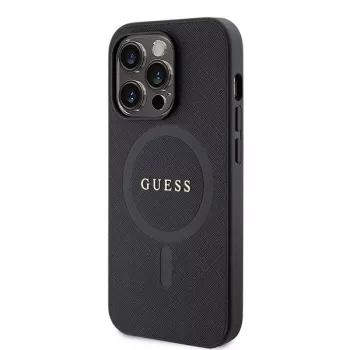 GUESS Saffiano PU MagSafe-hoesje voor iPhone 15 Pro zwart