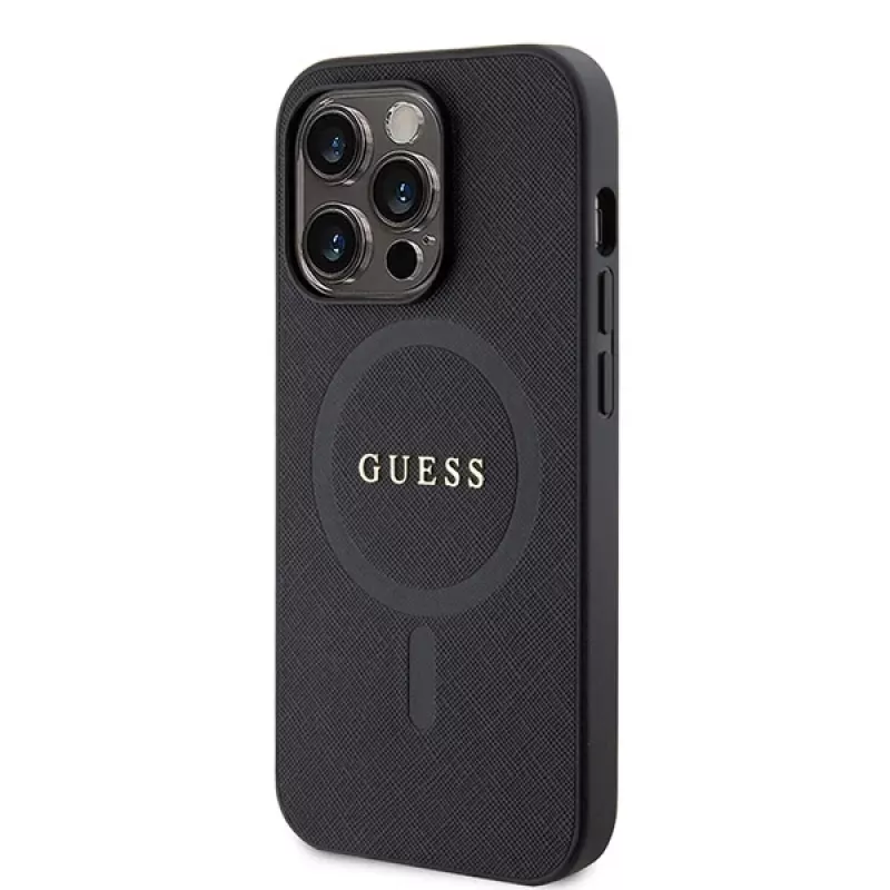 GUESS Saffiano PU MagSafe-hoesje voor iPhone 15 Pro zwart
