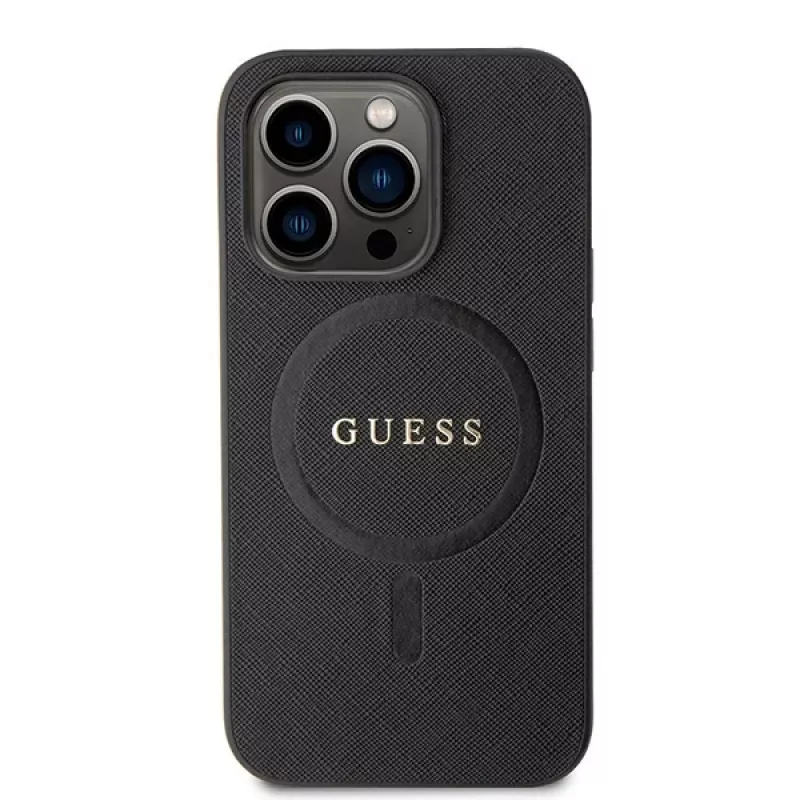 GUESS Saffiano PU MagSafe-hoesje voor iPhone 15 Pro zwart