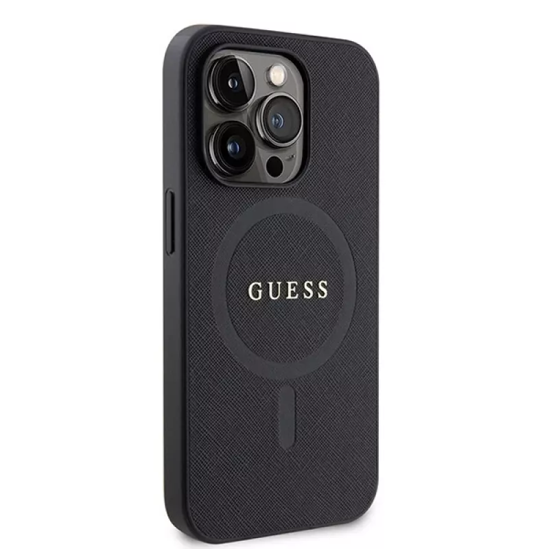 GUESS Saffiano PU MagSafe-hoesje voor iPhone 15 Pro zwart