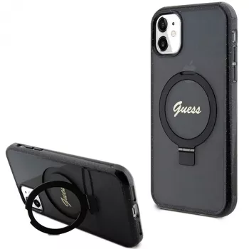 Guess GUHMN61HRSGSK iPhone 11 / XR 6.1 zwarte hardcase ringstandaard Script Glitter MagSafe